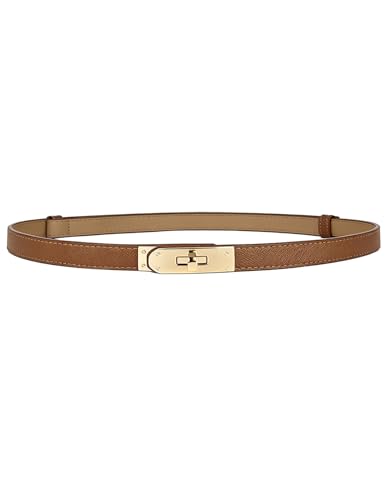 BEMYLV Skinny Belts for Women Dresses Turn-Lock Gold Buckle Adjustable Fashion Waist Belt for Pants Jeans Business Casual - color: Brown