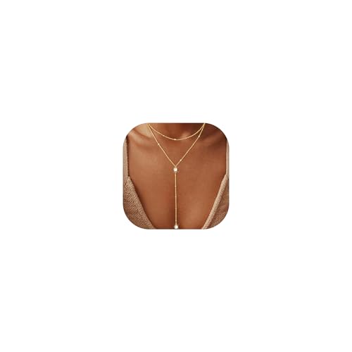 iF YOU Lariat Gold Long Necklaces for Women Trendy, Dainty 14K Gold Plated Drop Chain Necklace, Layered Rosary Beaded Y Necklaces Summer Beach Jewelry Gifts - color: Bead CZ layered necklace-GLD