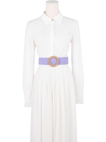 Women's Cotton and Linen Style Plastic Straw Braided Belt Circle Buckle for Dresses - color: Purple