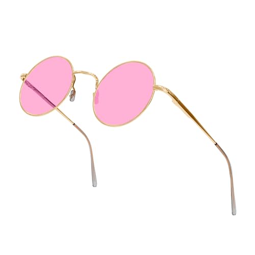 Retro Round Sunglasses Small Colored Lens Hippie Glasses - style: Pink