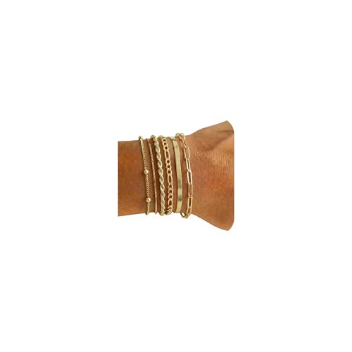 Dainty Gold Bracelets for Women, 14K Gold Plated Stackable Bracelet Set, Adjustable Beaded Cuban Paperclip Herringbone Figaro Snake Rope Chain Jewelry - style: Set1-1 Gold 6Pcs