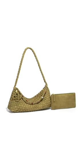 Premium Woven Shoulder crossboby Bag for Women, Slouchy Hobo Handbag with Braided Strap and Matching Zipper Pouch - color: Green