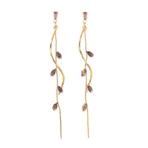 Temperament Long Zircon Tassel Earrings for Women Charm Jewelry Sparkling Crystal Leaves Twist Dangle Earrings for Friends - color: Gold-Purple Leaves