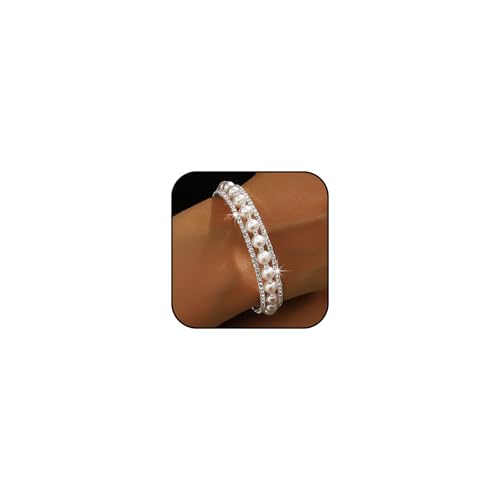 Silver Pearl Bracelet for Women Sparkly Stretch Rhinestone and Pearls Bangle Cuff Adjustable Faux Diamond CZ Bracelets Bling Wedding Costume Jewelry - color: Silver