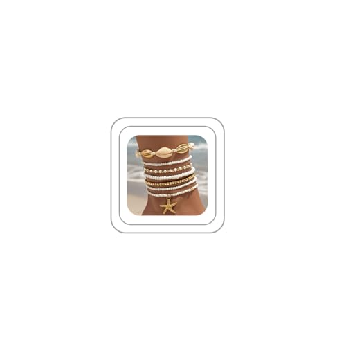 Mermaid Starfish Anklet Bracelets for Women Bohemian Beaded Anklet Adjustable Rice Bead Anklets Bracelet Handmade Woven Hawaiian Beach Seashell Pearls Waterproof Anklets Summer Beach Mermaid Jewelry - color: Gold