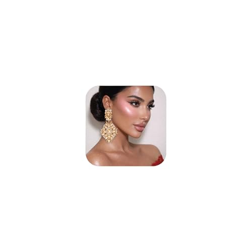 Silver Chandelier Earrings for Women Trendy, Oversized Big Crystal Rhinestone Statement Earrings Dangling Formal Pageant Earings Drag Queen Jewelry - color: champagne
