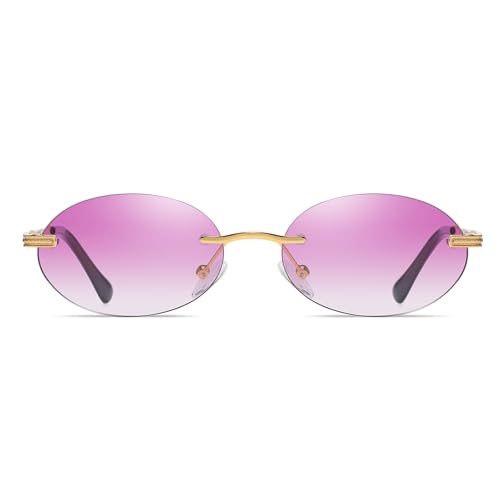 Retro Oval Sunglasses Rimless Small Round Glasses Frameless UV400 Men Women Fashion Shades - color: Purple