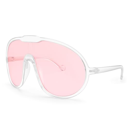 Dollger Oversized One Piece Sunglasses For Women Fashion Men Wrap Around UV400 Shield Goggles - color: Transparent Frame Pink Lenses