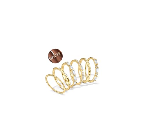 FIBO STEEL Gold Rings for Women Non Tarnish Dainty Stackable Ring Set Hypoallergenic Cubic Zirconia Wedding Band Promise Bands for Her Women's Jewelry Size 5-10 - color: Gold Filled