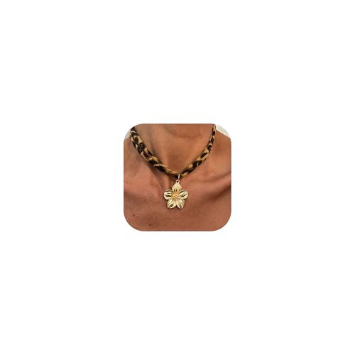 Scarf Necklace with Charm Gold Starfish Chunky Cross Heart Flower Pendants Bandana Charm Necklace Western Scarf for Women Boho Cowgirl Country Cowboy Accessories Beach Vacation Vacation Outfits Jewelry - color: A7-Scarf Necklace With Flower Charm