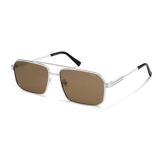 SOJOS Retro Polarized Square Sunglasses for Women Men Vintage Large Double Bridge UV Protection Metal Sun Glasses SJ1246 - color: Silver/Retro Brown