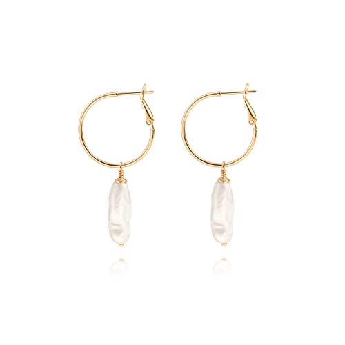 Gold Plated Huggie Hoop Earrings with Charms Fashion Pearl Drop Dangle Earrings for Women Handmade Karma Circle Jewelry for Ladies Lightweight Pearl Earrings on Christmas - color: biwa bar