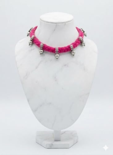 athizay Boho Charm Thread Choker Necklace – Braided Bohemian Choker with Oxidized Silver Dangle Charms | Handmade Boho Jewelry for Women - color: Pink, Silver