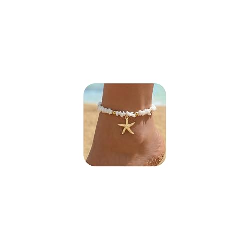 Fesciory Shell Ankle Bracelets for Women, Gold Plated Boho Anklet Set with Pearl Beads Starfish Conch Seashell, Adjustable Summer Beach Hawaiian Foot Jewelry Gift - style: Starfish Stone
