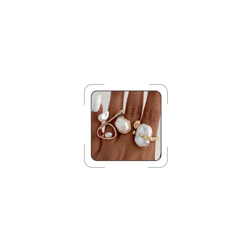 Chunky Gold Pearl Rings for Women Vintage Baroque Pearl Rings Set Open Stacking Pearls Ring Set Irregular Geometric Pearls Ring Boho Prom Costumes Fashion Jewelry Accessories - style: 4PCS A
