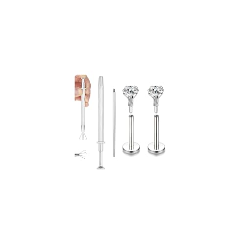20G Internal Thread Cartilage Earrings Studs Surgical Steel Nose Rings Flat Back Stud Piercing Jewelry for Tragus/Helix/Conch/Medusa/Lip/Labret - color: BL:8mm;CZ:2mm