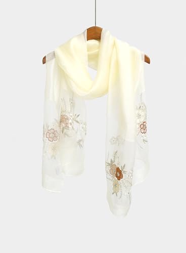 Jeelow Silk Blend Floral Fashion Scarf Shawl Wrap Lightweight Sheer For Women Floral Embroidery Wedding Party Prom - color: Petal Ivory Cream