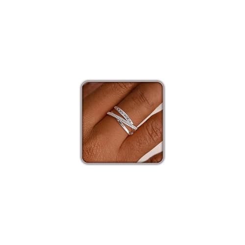 FISSEN JEWELRY Gold Rings for Women, Non Tarnish Dainty 14k Gold Plated Silver CZ Cross Ring Cute Cubic Zirconia Pinky Thumb Stackable Band Silver Finger Rings Size 6-10 Jewelry for Her - color: Silver Diamond Multi Layer