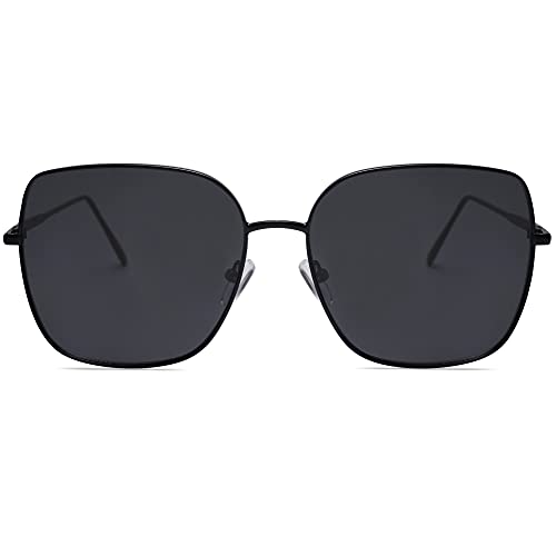 SOJOS Trendy Oversized Square Metal Frame Sunglasses for Women Men Retro Big Flat Lens UV Protection Sunglasses SJ1146 - color: Black/Grey