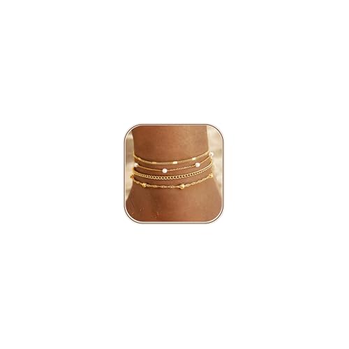 LOYALLOOK Ankle Bracelets for Women Waterproof, 14K Gold Plated Cuban Figaro Link Chain Beaded Anklets Set, Dainty Layered Anklets for Women Non Tarnish Summer Beach Foot Jewelry Adjustable Size - color: 4Pcs Anklets-Beads Style