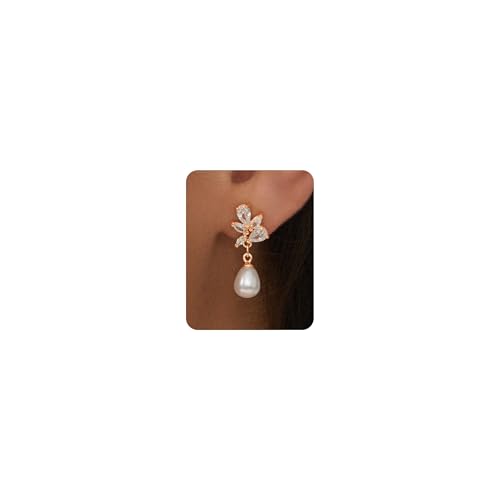 Pearl Earrings - 14K Gold/White Gold/Rose Gold Plated Cubic Zirconia CZ Diaomond Accented Pearl Drop Dangle Earrings for Women Wedding Bridal Prom - color: Rose gold Leaf drop