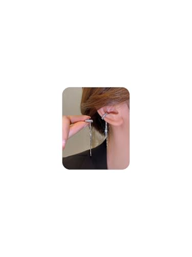 Silver Chain Earrings for Women Dainty Long Tassel Chain Hoop Earrings Layered Shiny Ring Non Piercing Earring Y2K Drop Dangle Cuff Earring Crystal Huggie Clip Hoops Gift for Her - color: Left Ear