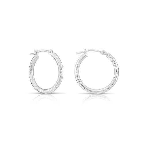 10K White Gold Hand Engraved Full Diamond-cut Round Hoop Earrings, Secure Latch Back Closure - style: 18mm