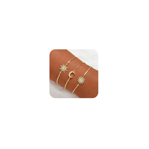 Dainty Bracelets for Women, 14k Gold Plated/Silver Layered Charms Bracelet Herringbone Satellite Beads Box Rope CZ Bracelet Adjustable Cuba Link Chain Bracelet Set Jewelry Gifts - color: 3Layer-2Sun+Moon-GD