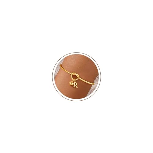 M MOOHAM Knot Initial Bracelets for Women Teen Girls 14K-Gold-Plated Dainty Initial Bracelets for Women Heart Letter Bracelet Jewelry Personalized Bridesmaid Proposal Gifts - color: R