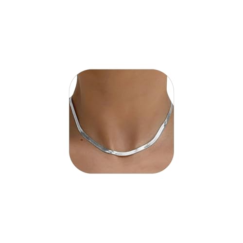 FOCALOOK 14K Gold Plated Necklaces for Women, Fashion Herringbone Choker Necklace Stainless Steel Flat Snake Chain 3/5MM(W) 12.5"/15"/18"+3.5"(L) - color: 5MM-Silver-15"