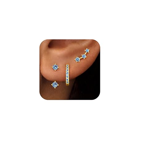 3 Pairs Dainty Small 4th of July Earrings for Women Trendy, Birthstone Stud Huggie Hoop Jacket Stack for Cartilage Helix, Gold Plated Hypoallergenic Cute Women Fashion Accessories Western Jewelry Gifts - color: 12Blue Created Topaz-Dec (Gold)