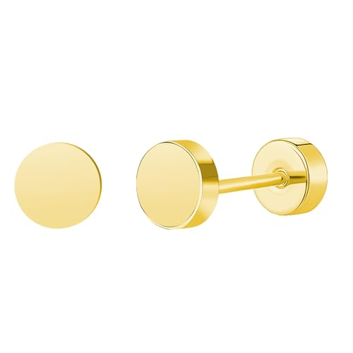 ZDE Women Earrings Flat Back Dot Earrings Titanium Hypoallergenic Cartilage Non-Nickel Earrings Studs for Sensitive Ears Simple Classic 3mm/4mm/5mm/6mm Screw On Stud Earring - color: Gold, size: 5MM