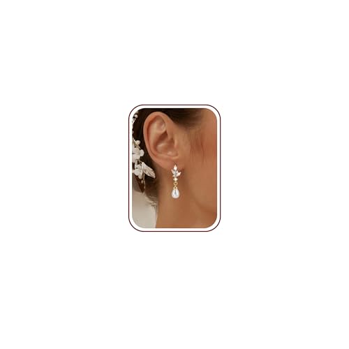 Pearl Earrings for Women, 14k Gold Plated Trendy Diamond Pearl Drop Earrings Hypoallergenic Dainty Bridal Gifts Wedding jewelry for Women - color: B - Gold