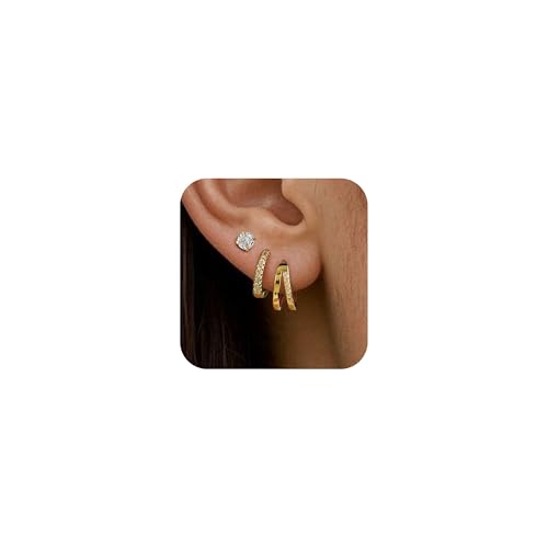 3 PairsTrendy Dainty Set Earrings- 14K Gold Plated Hoop Earrings for Women, Hypoallergenic Lightweight Stackable Jewelry Gift for Multiple Piercings - color: Three circles diamond