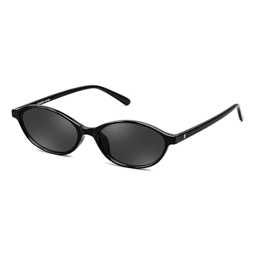 FEISEDY Retro Oval Sunglasses for Women Cat Eye 90s Lightweight Narrow Shades Trendy Sun Glasses B4196 - color: Black