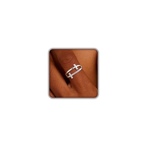 FISSEN JEWELRY Gold Rings for Women, Non Tarnish Dainty 14k Gold Plated Silver CZ Cross Ring Cute Cubic Zirconia Pinky Thumb Stackable Band Silver Finger Rings Size 6-10 Jewelry for Her - color: Silver Diamond Cross