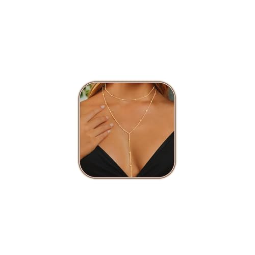 HERIER Lariat Gold Necklace for Women, Dainty Long Necklace 14k Gold Plated/Silver Y-Shaped Layered Beaded Chain Drop Necklaces for Women Trendy Simple Gold Jewelry for Women Gifts - color: Y Layered Bead Necklace-Gold