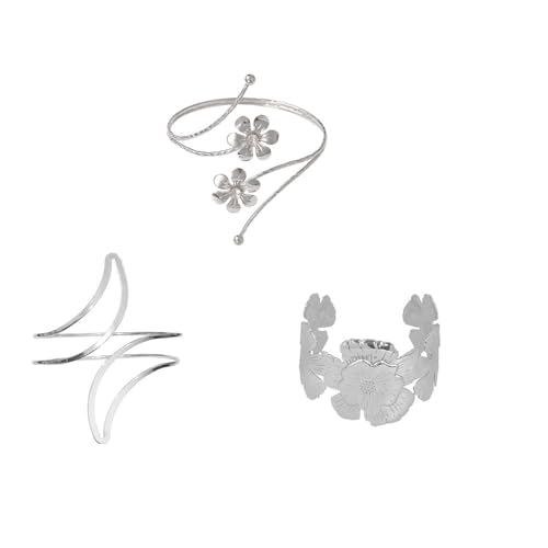 COLORFUL BLING 3PCS Upper Arm Bracelet Gold Silver Chunky Cuff Bracelets Flower Butterfly Armband Set for Women Irregular Minimalist Open Wide Coil Band Bangle Boho Jewelry - style: Set 4