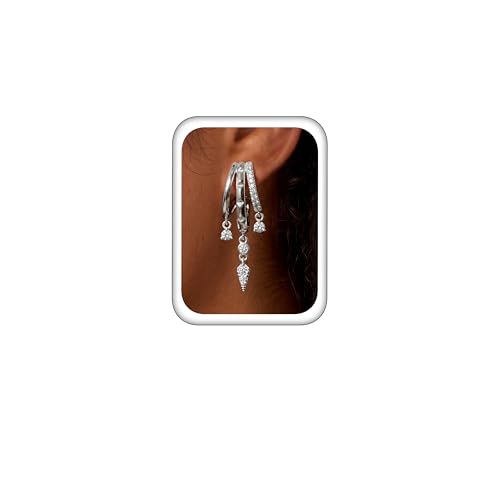 Triple Huggie Stacked Earrings for Women Gold Chain Drop Dangle Earrings Cute Statement CZ Earrings Trendy Dainty Jewelry Gift - color: Silver 5