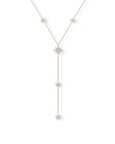 PAVOI 14K Gold Plated Drop Lariat Chain for Women - Cubic Zirconia Long Necklace - Station Star Layered Beaded Y Necklace - style: Northern Star