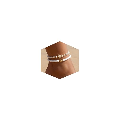 Fesciory Shell Ankle Bracelets for Women, Gold Plated Boho Anklet Set with Pearl Beads Starfish Conch Seashell, Adjustable Summer Beach Hawaiian Foot Jewelry Gift - style: Puka Shell 2Pcs