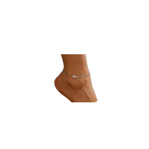 Dainty Ankle Bracelets for Women 18K Gold Plated Satellite Beaded Herringbone Lip Chain Anklets Simple Minimalist Summer Beach Foot Jewelry Christmas Gifts - color: Satellite Cross-White Gold