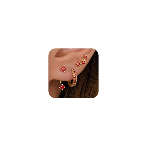 3 Pairs Dainty Small 4th of July Earrings for Women Trendy, Birthstone Stud Huggie Hoop Jacket Stack for Cartilage Helix, Gold Plated Hypoallergenic Cute Women Fashion Accessories Western Jewelry Gifts - color: 01Red Created Garnet-Jan (Gold)