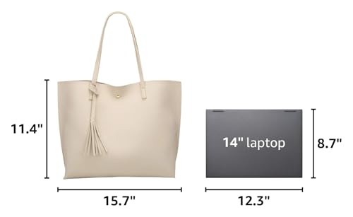 Dreubea Women's Soft Faux Leather Tote Shoulder Bag from, Big Capacity Tassel Handbag - color: Beige