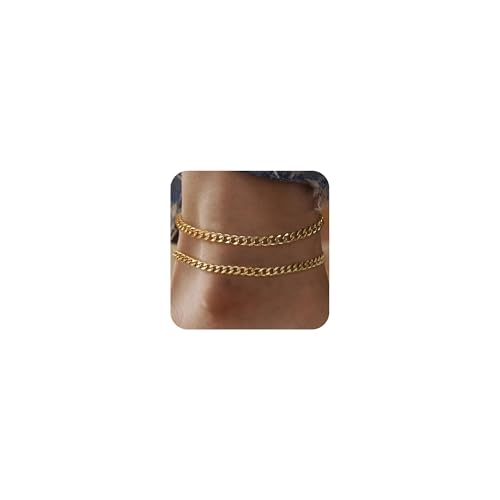 Ritach Ankle Bracelets for Women - Silver/Gold Plated Stainless Steel Anklets for Women Waterproof Layered Cuban Link Figaro Chain Heart Anklets Set Summer Beach Jewelry Gifts - color: Gold-Layered Cuban Chain