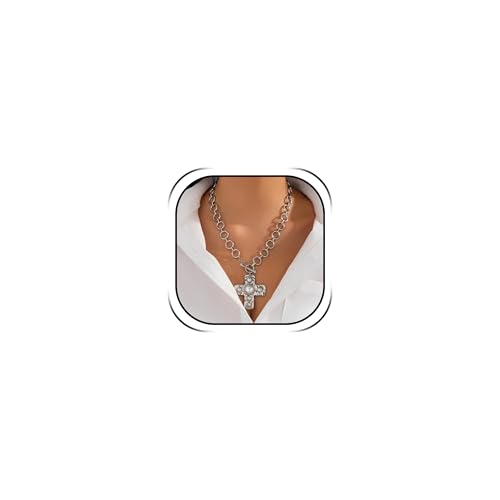 Chunky Cross Necklace for Women Chunky Gold Necklace Statement Cross Pendant Vintage Toggle Clasp Necklace Jewelry for Women - color: C2-Silver Cross Necklace