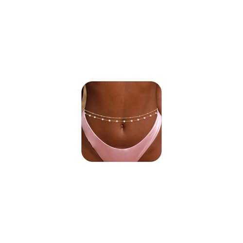 14K Gold Plated Waist Chain for Women, 2Pcs Adjustable Pearl Beads Body Chain, Sexy Layered Summer Beach Bikini Belly Jewelry Accessories - style: Bead&Pearl