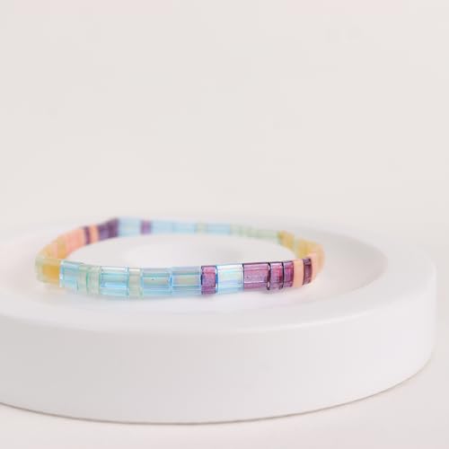 Sonateomber Tila Flat Beaded Stretch Bracelets for Women, Trendy Unique Colorful Square Beads Handmade Stack Bracelet Friendship Accessories Fashion Jewelry Gift - color: 0011B