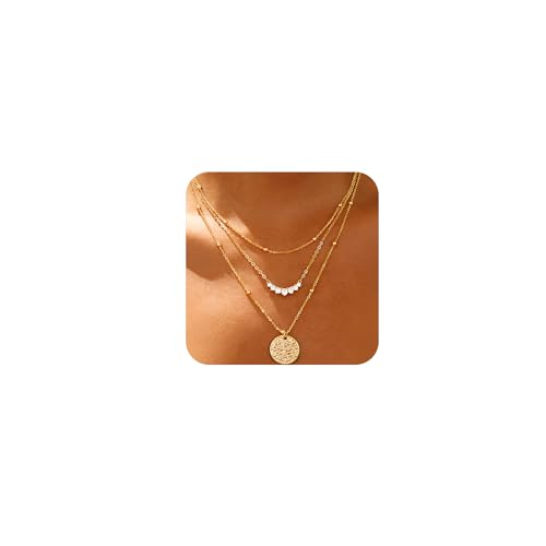 BBV Layered Gold Necklaces for Women Stackable Dainty 14K Gold Plated Silver Chain Necklace Layering Cute Fashion Pendant Choker Necklaces Trendy Jewelry Set Gifts for Women - color: golden, style: hammered texture round