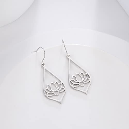 TEAMER Stainless Steel Lotus Flower Dangle Earrings Bohemian Drop Earring Unique Geometric Jewelry for Women - color: Lotus 3-Steel Color